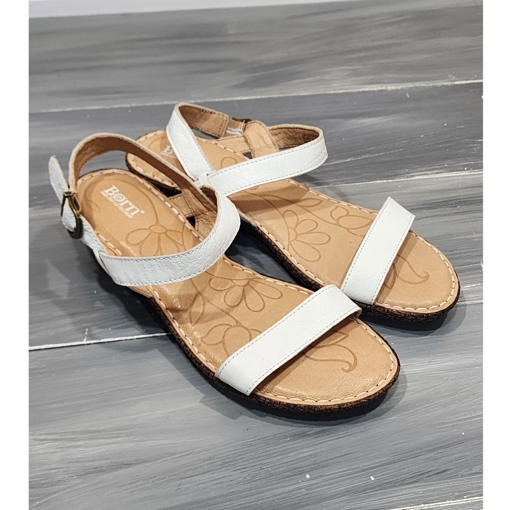 Born White Leather Wedge Sandals Womens 9M‎ Buckle Ankle Strap Boho